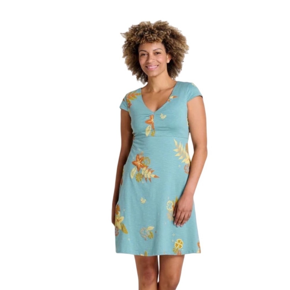 Toad&Co Rosemarie Dress Blue Floral Tencel Organic Cotton V-Neck M Casual